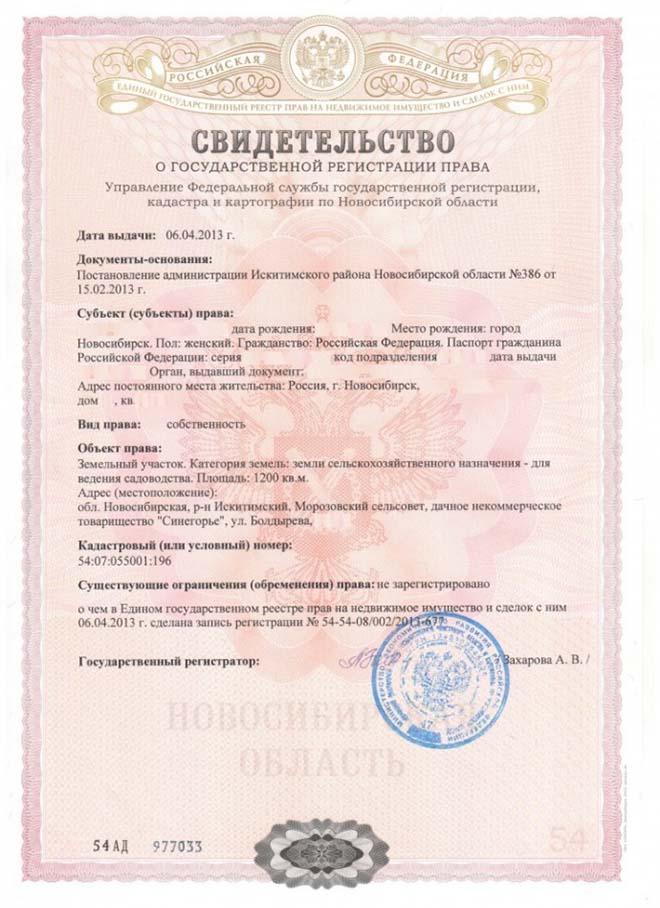 certificate of ownership of the land plot